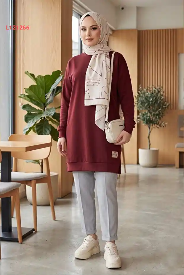 تونيك بوردو مزخرف بفتحة جانبية - Bestenur 1665