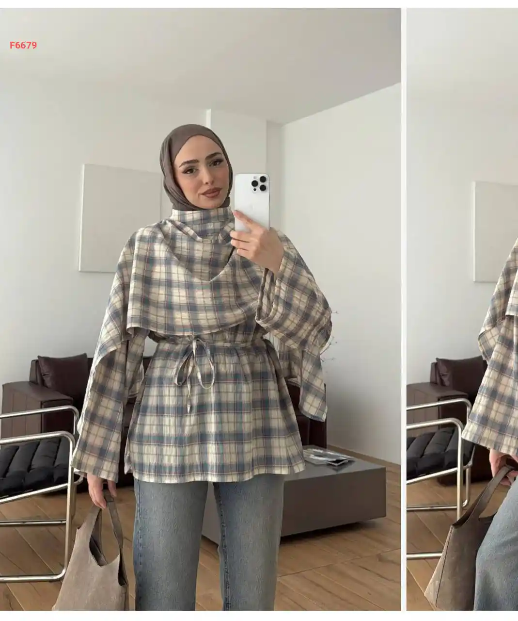بلوزة بنمط "كاروهات" كلاسيكي، تتميز بتصميم فريد يجمع بين طبقة علوية تشبه الـ "كيب" وحزام خصر قماشي
