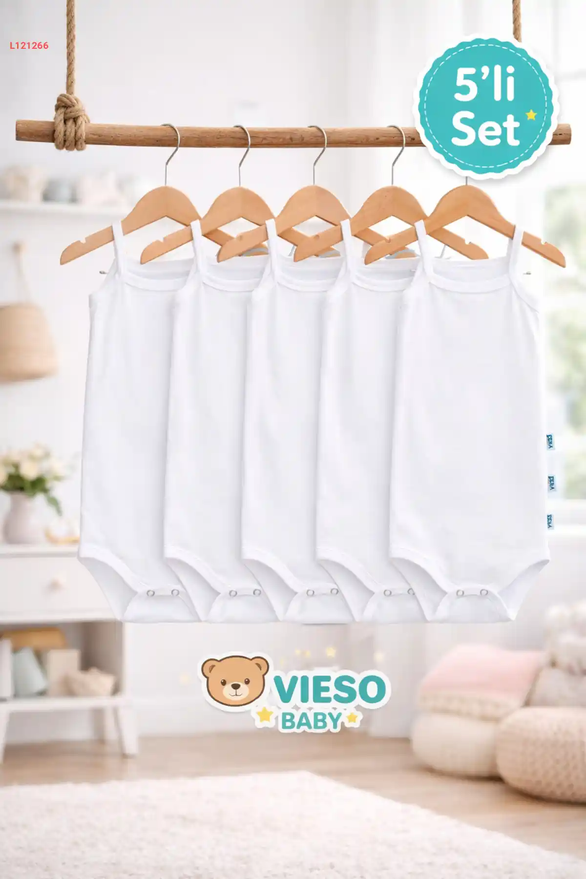 أطقم بيبي بيضاء من القطن بخمسة قطع مع حمالات وعقود قابلة للتثبيت