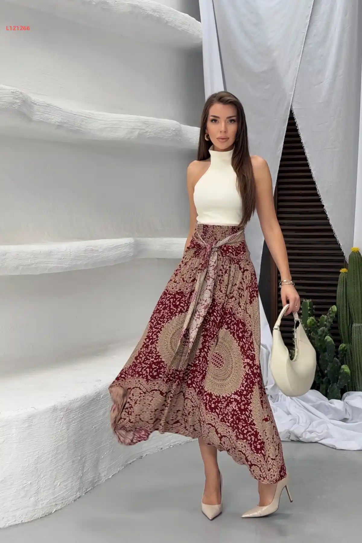 تنانير ميدي نسائية ذات خصر عالٍ وتصميم أثني أنيق مع تفاصيل ربط وقص غير متساوٍ