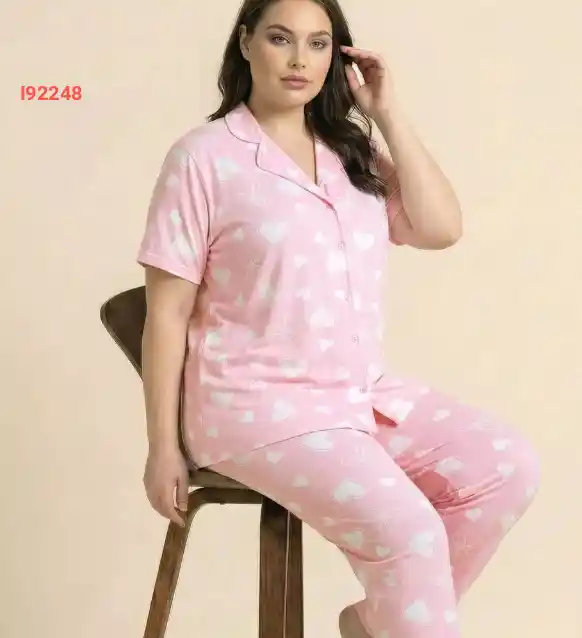 بيجامة نصف كم بأزرار قطن مقاسات كبيرة